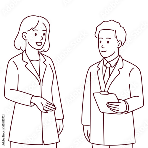 Male and female doctors standing together in conversation. Medical professionals discussing diagnosis or healthcare strategy in collaborative setting