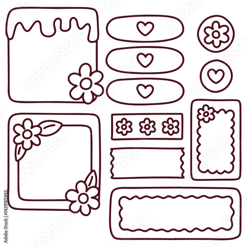 Monochrome planner stickers with floral hearts and rectangular labels for digital planning and note organization