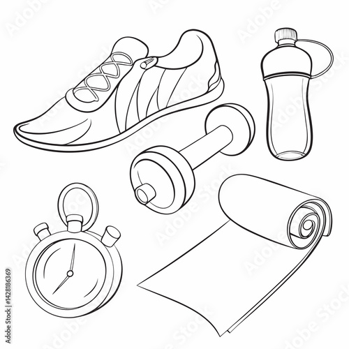 Fitness sketch set featuring sneaker dumbbell water bottle yoga mat and stopwatch