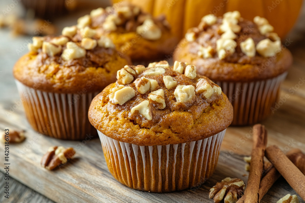 Soft pumpkin muffins with nuts and cinnamon exuding the aroma of autumn, against the background of warm wooden boards Soft pumpkin muffins with nuts and cinnamon exuding the aroma of autumn, against the background of warm wooden boards
