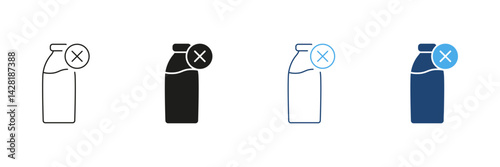 Prohibited Dairy Products Line and Silhouette Icon Set. Cross Sign on Milk Bottle Indicating Dairy Free or Vegan Lifestyle. Editable Stroke. Isolated Vector Illustration