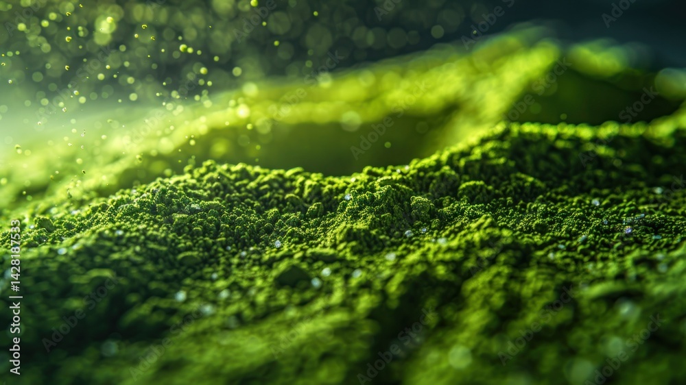 A vibrant green textured surface with particles in soft light. A vibrant green textured surface with particles in soft light.