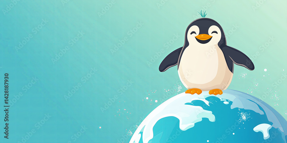 Obraz premium Penguins standing on Earth globe. World penguin day