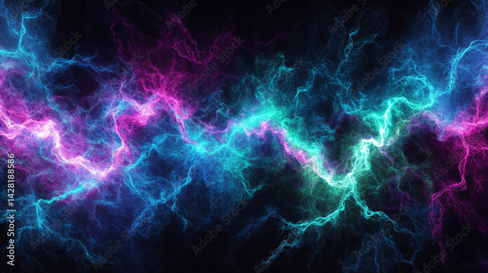 Fototapeta premium Electric force creates vibrant lightning in shades of pastel blue, pink, and purple, illuminating dark background with energy