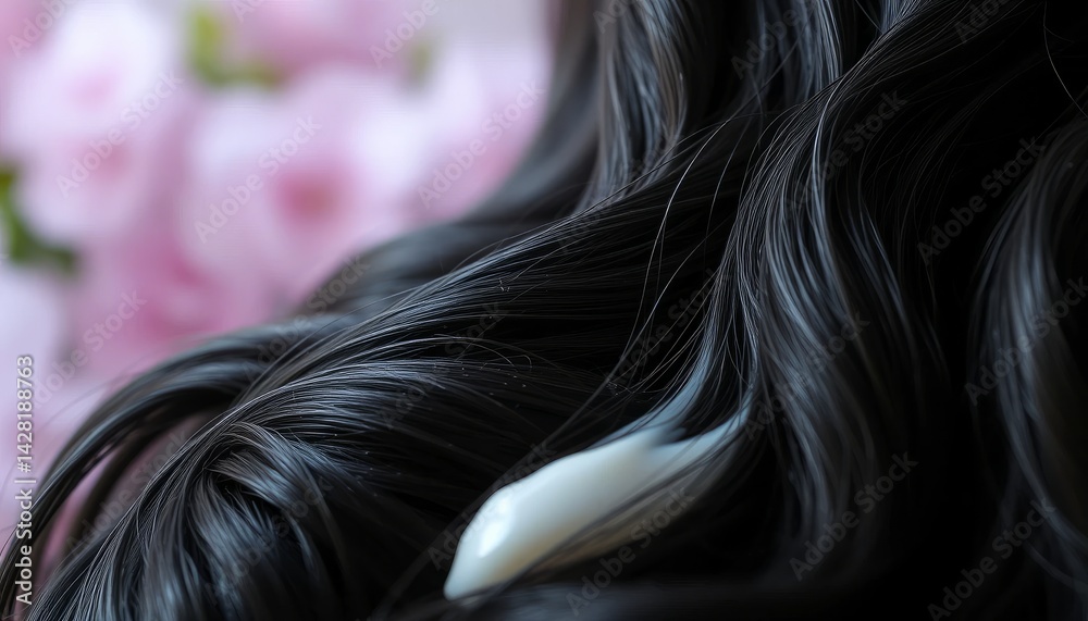 Naklejka premium Close Up of Glossy Black Hair with White Cream