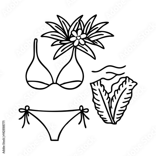 tropical flower and bikini icon, tropical flower and bikini line art - simple line art of tropical flower and bikini, perfect for tropical flower and bikini logos and icons