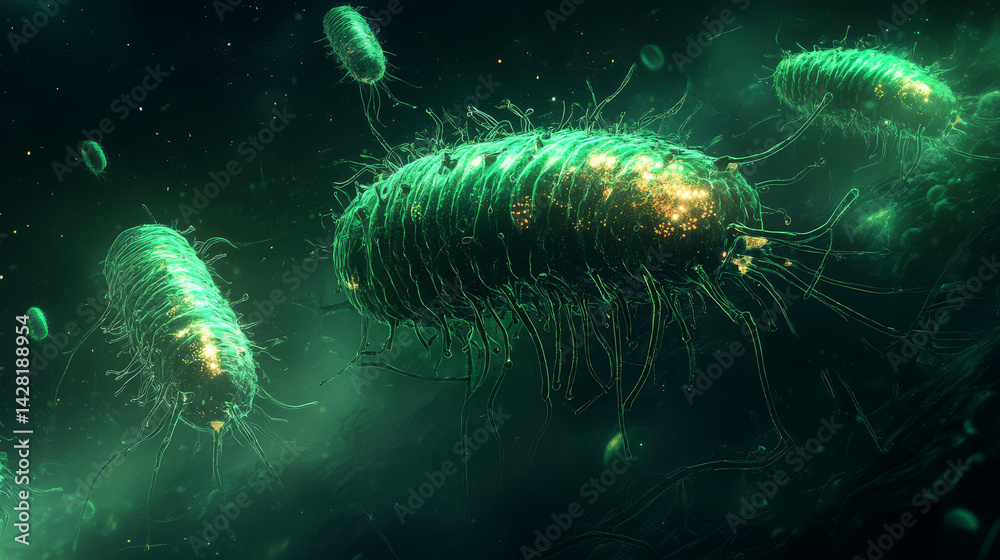 Obraz premium Intricate beauty of glowing digestive bacteria in dark environment, showcasing their unique forms and vibrant colors