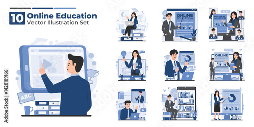 Illustration set of online education including e learning, online courses, digital library access, and virtual study tools