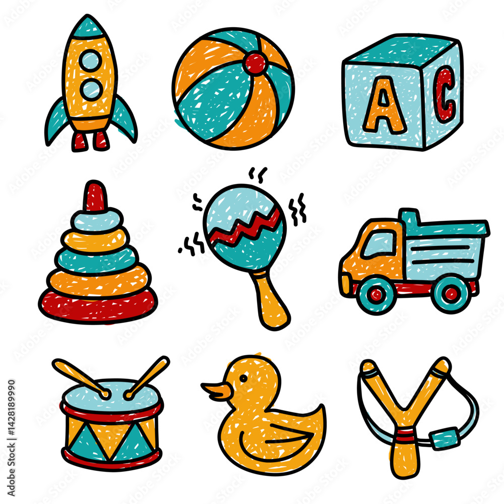 Fototapeta premium Colorful Hand Drawn Kids Toys Doodle Set
