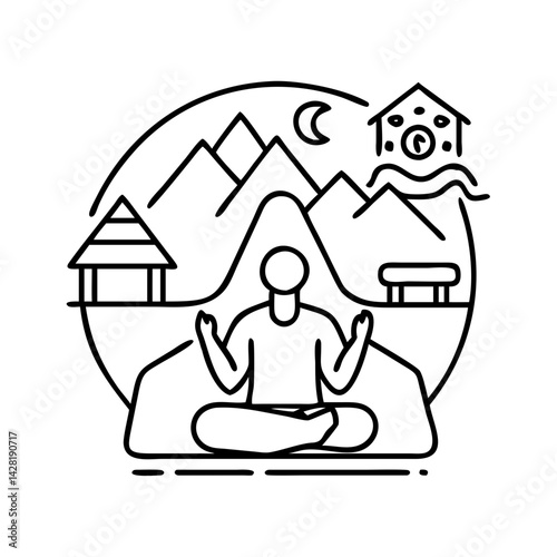 yoga retreat scene icon, yoga retreat scene line art - simple line art of yoga retreat scene, perfect for yoga retreat scene logos and icons