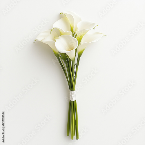 Single-stem bouquet of white calla lilies in minimalistic style with silk ribbon on plain white background [with copy space] photo