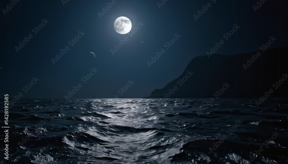 A full moon casts its light upon the dark sea under the vast night sky, creating a serene ocean landscape with a soft moonlight reflection on the gentle waves near the horizon A full moon casts its light upon the dark sea under the vast night sky, creating a serene ocean landscape with a soft moonlight reflection on the gentle waves near the horizon