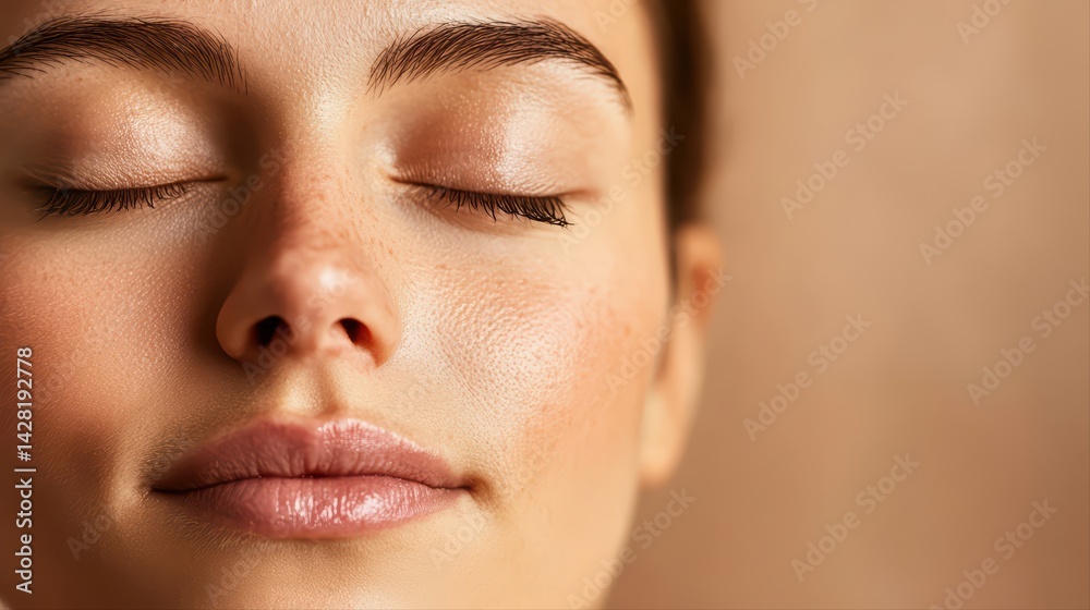 Obraz premium Close-Up of Relaxed Woman with Serene Expression on Neutral Background