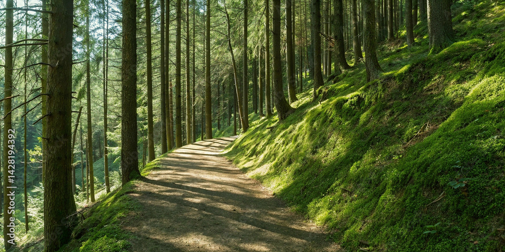 Obraz premium Sunlit forest path with pine trees and moss-covered hillside in vibrant greenery