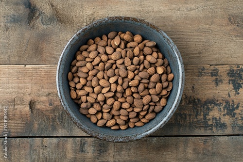 high definition image of a bowl of almond top view on a wooden table