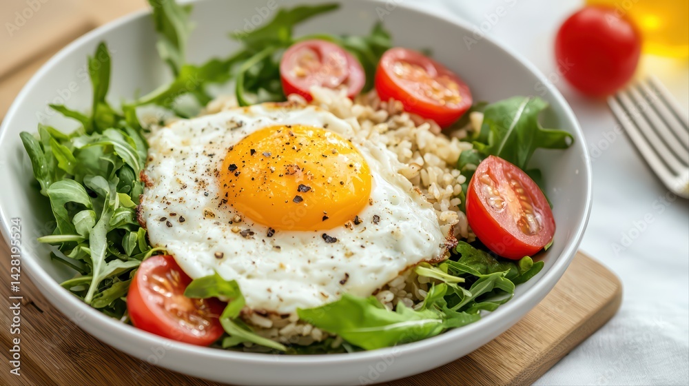 Fresh Salad Bowl with Fried Egg and Cherry Tomatoes on Top Fresh Salad Bowl with Fried Egg and Cherry Tomatoes on Top
