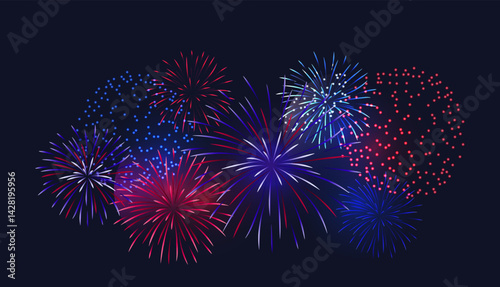 Night sky filled with dazzling fireworks and glowing bursts of light. Ideal backdrop for celebrations, events, and festive occasions like New Years Eve or Independence Day