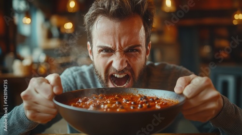 Angry man devouring spicy stew in restaurant