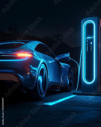 Sleek Silver Electric Car Charging at Night in Desert Landscape