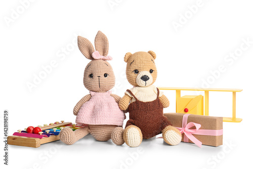Knitted toys, plane, xyloph...