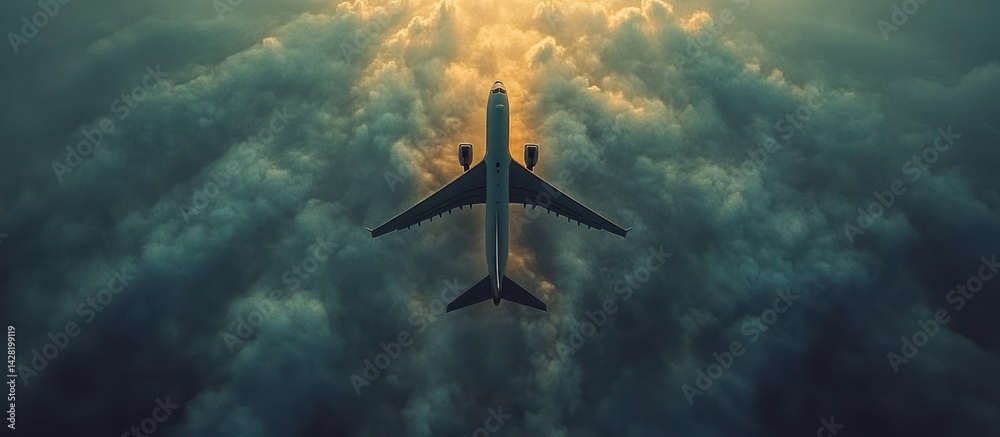 Naklejka premium Airplane above clouds sunset travel