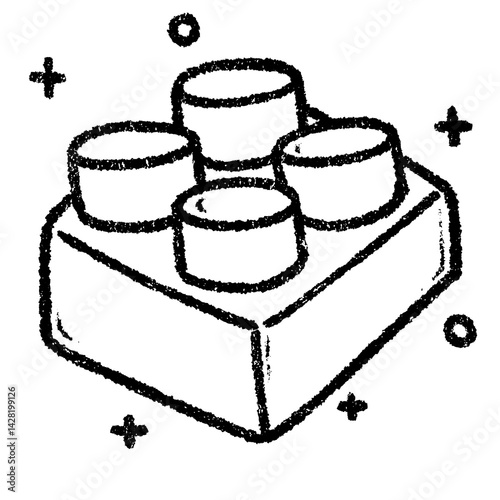 Sketch-style toy building block with bold black lines and playful geometric doodles on white background