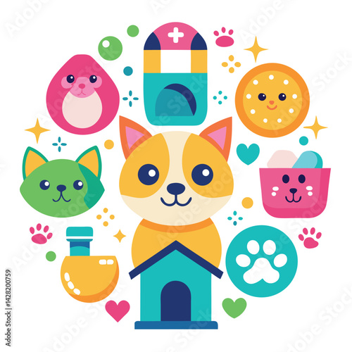 Pet Care Icons Cute Style Colorful