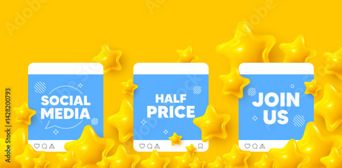 Half price social media post. Join us template mockup. Half Price tag. Special offer Sale sign. Advertising Discounts symbol. Like, comment and share icons. Vector