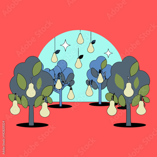 A pear orchard scene with fruits hanging low, and light dappling through the trees.