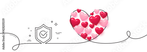 Approved shield line icon. Continuous line big heart. Accepted or confirmed sign. Protection symbol. 3d hearts in heart shaped loop. Approved shield single line ribbon. Loop curve pattern. Vector