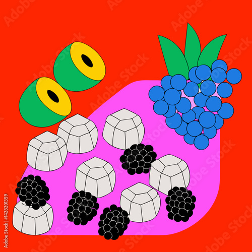 A frozen berry mix (blueberries, raspberries, blackberries) on a white background.