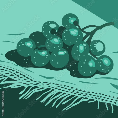 A bunch of fresh grapes with morning dew, placed on a rustic cloth.
