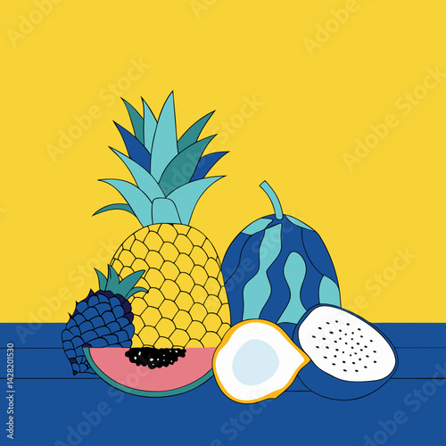 A tropical fruit flat lay featuring pineapple, mango, papaya, dragon fruit, and coconut.
