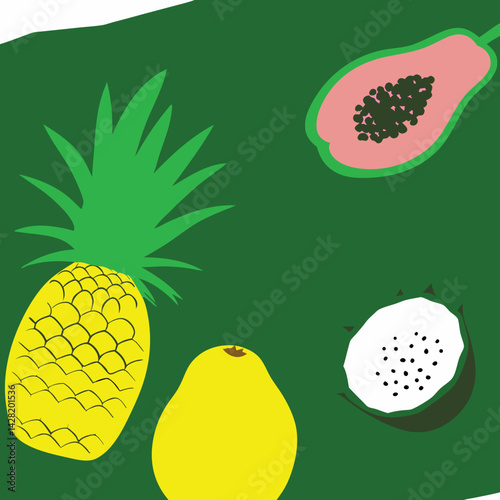 A tropical fruit flat lay featuring pineapple, mango, papaya, dragon fruit, and coconut.