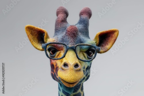 Colorful Giraffe with Glasses and Smart Expression on Plain Background