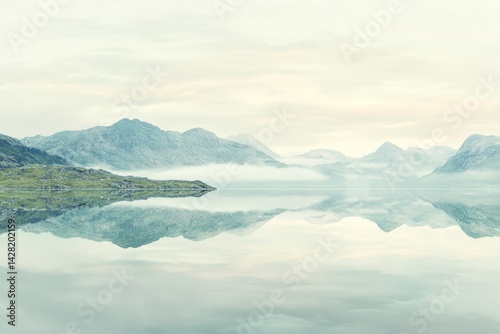 Serene mountain lake landscape. Misty morning view