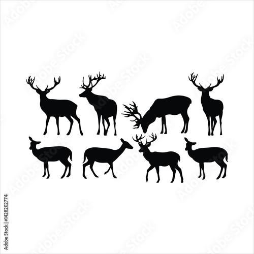  Vector set of black standing and walking deer and doe silhouettes on white background