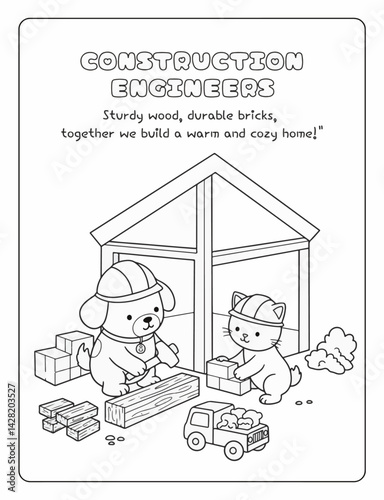 Construction Engineer Coloring Page With Animals Building House