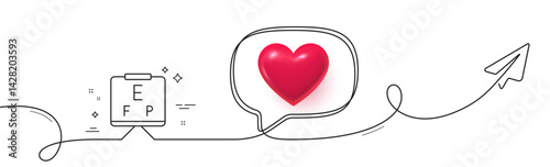Vision board line icon. Continuous line with share plane. Oculist eye clinic sign. Optometry symbol. 3d heart in speech bubble. Vision board single line ribbon. Loop curve pattern. Vector
