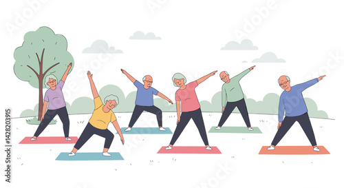 Active elderly group exercising outdoors in a park  