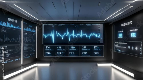 Futuristic control room with digital displays