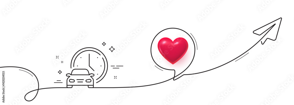 Book car line icon. Continuous line with share plane. Rental time service sign. Order transport symbol. 3d heart in speech bubble. Book car single line ribbon. Loop curve pattern. Vector