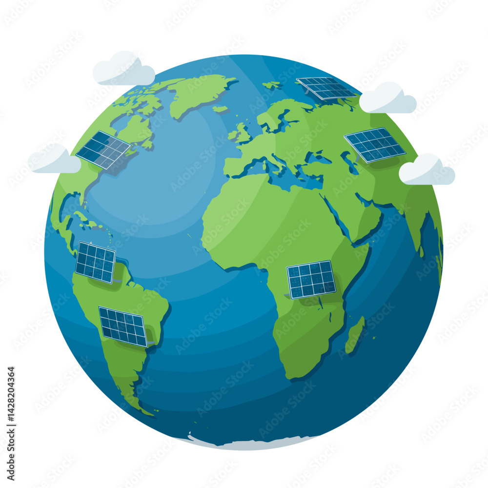 Naklejka premium Illustrative Earth Globe with Solar Panels and Clouds 