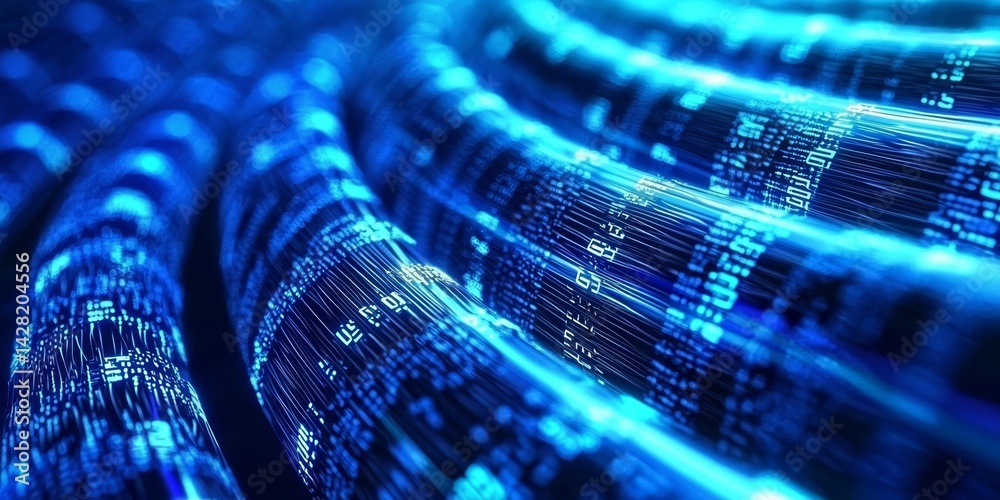 Obraz premium Digital Binary Data Transmission in a Glowing Tunnel