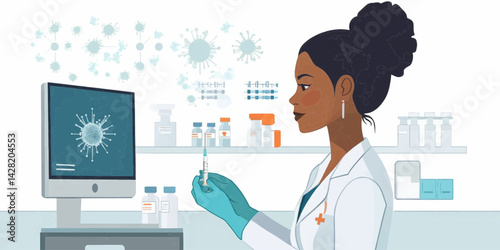 Illustration of a female scientist in a lab coat for medical blogs,vaccine websites and scientific research topics.
