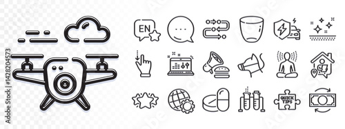 Sound check, Touchscreen gesture and Quick tips line icons for web app. Glare of light effect. Message icon. Pack of Yoga, Methodology, Clean skin pictogram icons. English, Star, Drone signs. Vector