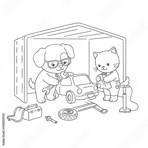 A Friendly Dog and a Cat Fixing the Car
