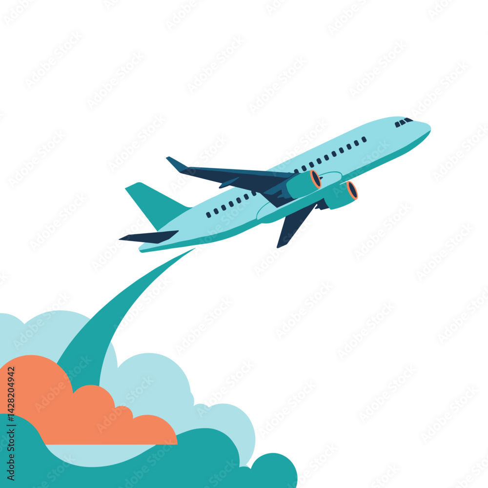 Airplane taking off into blue sky with colorful clouds Airplane taking off into blue sky with colorful clouds