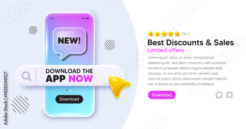 Arrivals mobile phone banner. App chat speech bubble. New tag. Special offer sign. New arrival symbol. Phone template with search bar. Download the app now. Vector