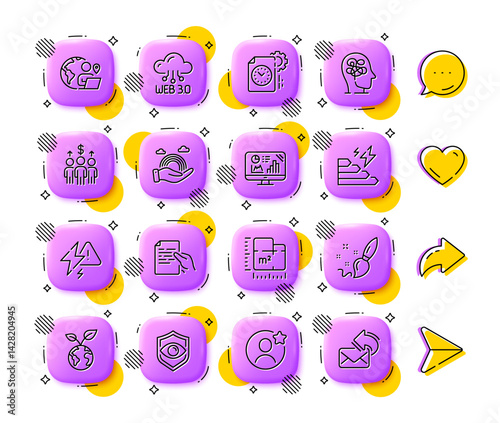 Project deadline, Floor plan and Hold document line icons. App 3d buttons. Social media comment, share, like icons. Pack of Lgbt, Paint brush, Consumption growth icon. Vector
